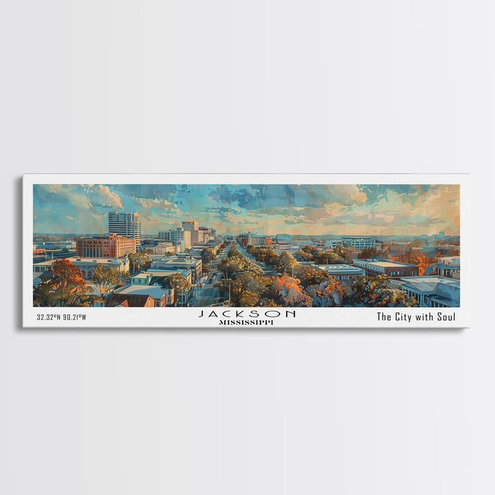 Jackson Mississippi Watercolor Panoramic City Painting, Framed Canvas Print for Living Room, Office Wall Art, Urban Decor, Travel Poster