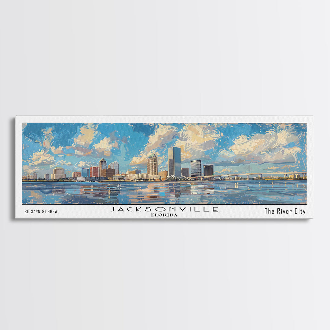 Jacksonville Florida Panoramic Cityscape Wall Art, Watercolor Framed Canvas Print, Home Decor, Office Wall Art, Travel Poster, Urban Painting