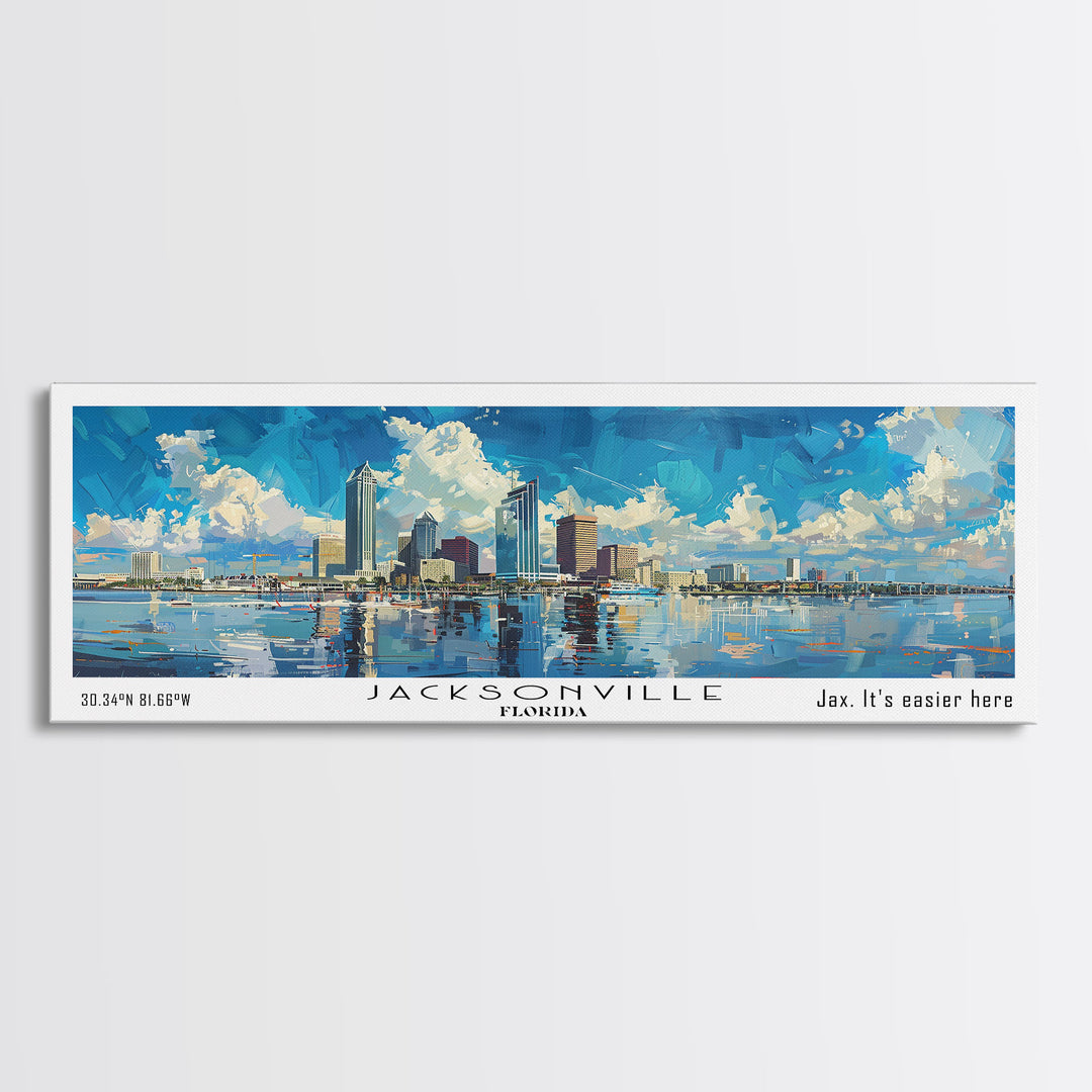 Jacksonville Florida Panoramic Watercolor City Painting, Framed Canvas Print for Home, Urban Decor, Office Art, Travel Poster
