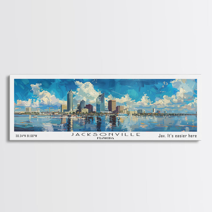 Jacksonville Florida Panoramic Watercolor City Painting, Framed Canvas Print for Home, Urban Decor, Office Art, Travel Poster