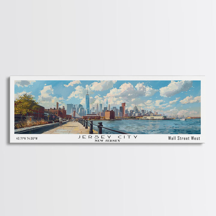 Jersey City New Jersey Panoramic Cityscape Painting, Framed Canvas Print, Urban Decor, Office Wall Art, Travel Poster, Watercolor Home Decoration