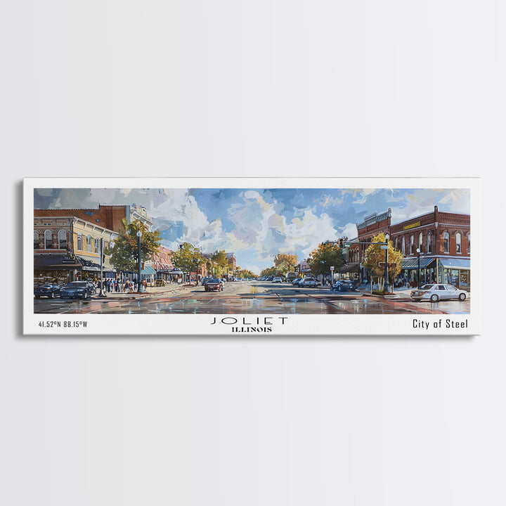 Joliet Illinois Panoramic Cityscape Wall Art, Watercolor Framed Canvas Print, Urban Painting for Living Room, Office Decor, Travel Poster