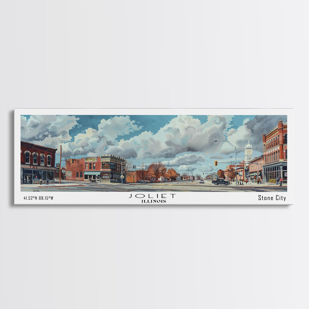 Joliet Illinois Panoramic Watercolor City Painting, Framed Canvas Print for Home, Office Wall Art, Urban Decor, Travel Poster