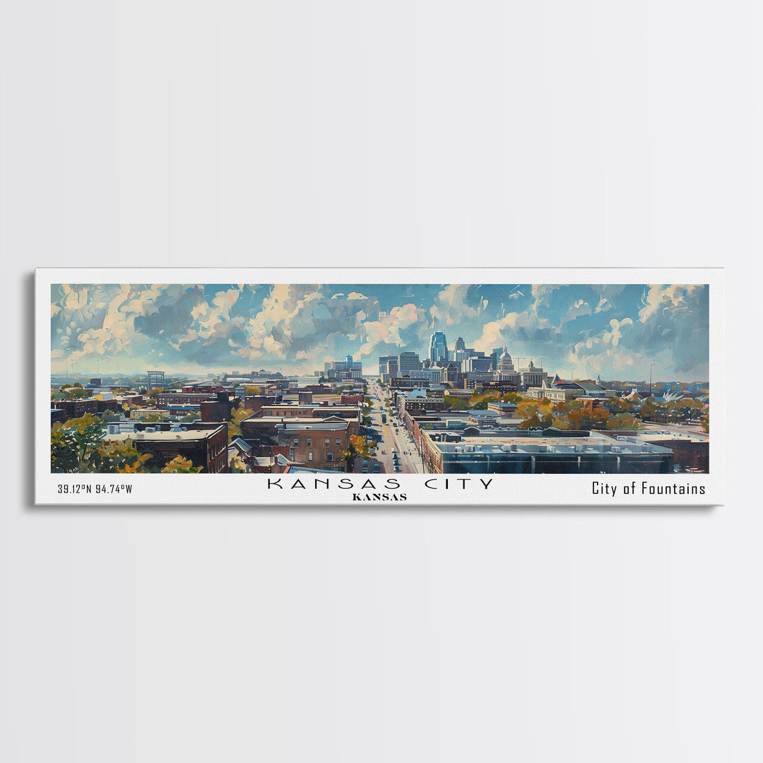 Kansas City Kansas Panoramic Watercolor Cityscape, Framed Canvas Print for Living Room, Office Wall Art, Urban Decor, Travel Poster