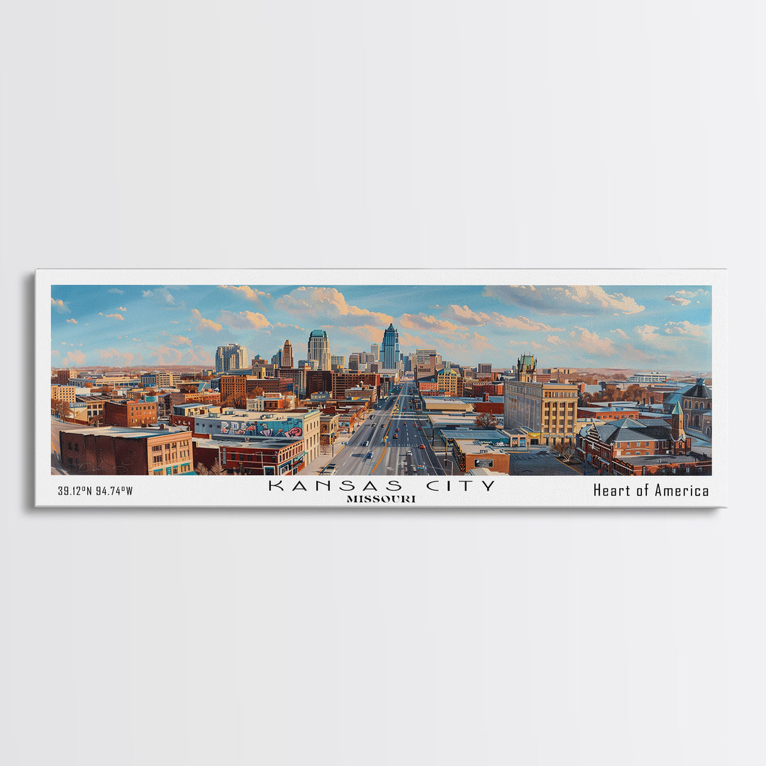 Kansas City Missouri Panoramic Cityscape Painting, Framed Canvas Print, Urban Decor, Office Wall Art, Watercolor Travel Poster, Home Decoration
