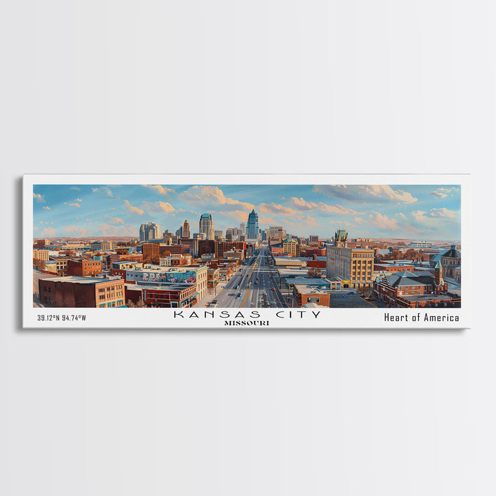 Kansas City Missouri Panoramic Cityscape Painting, Framed Canvas Print, Urban Decor, Office Wall Art, Watercolor Travel Poster, Home Decoration
