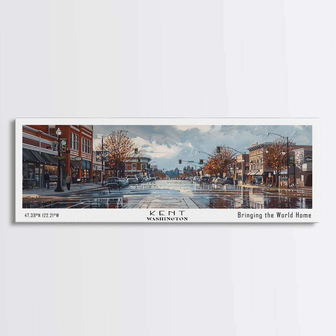 Kent Washington Panoramic Cityscape Wall Art, Watercolor Framed Canvas Print, Urban Painting for Living Room, Office Decor, Travel Poster