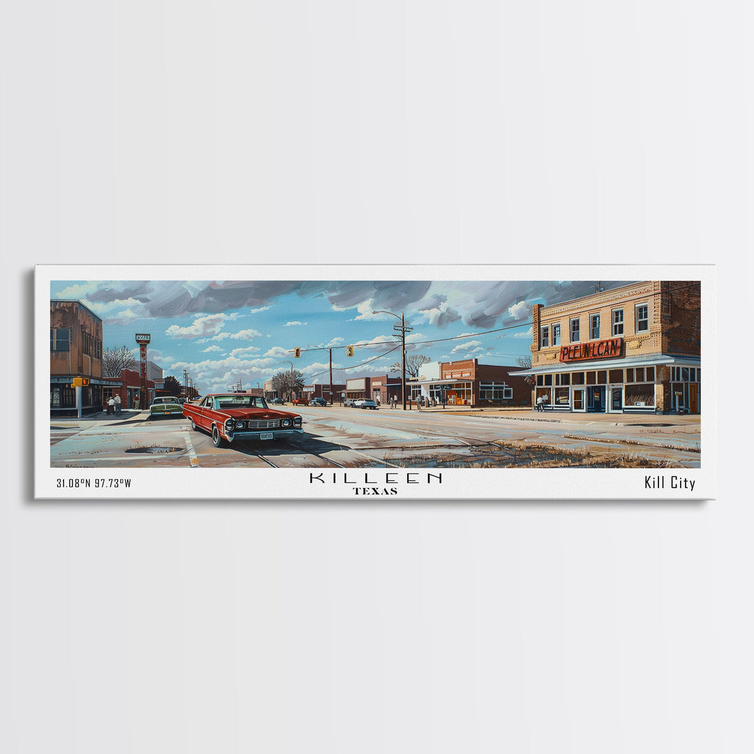 Killen Texas Panoramic Cityscape Wall Art, Watercolor Framed Canvas Print, Urban Painting for Living Room, Office Decor, Travel Poster