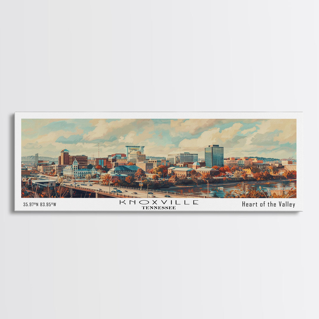 Knoxville Tennessee Panoramic Cityscape Wall Art, Watercolor Framed Canvas Print, Urban Painting for Living Room, Office Decor, Travel Poster