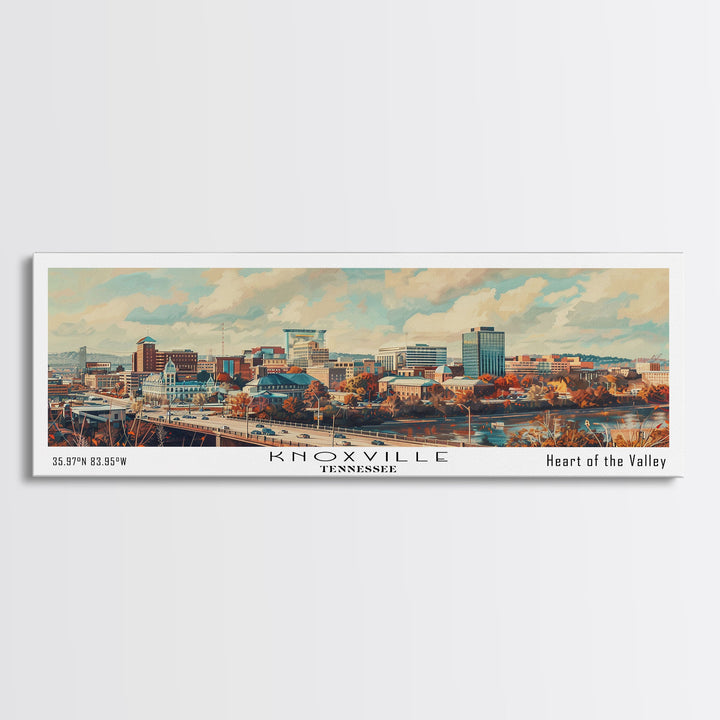Knoxville Tennessee Panoramic Cityscape Wall Art, Watercolor Framed Canvas Print, Urban Painting for Living Room, Office Decor, Travel Poster