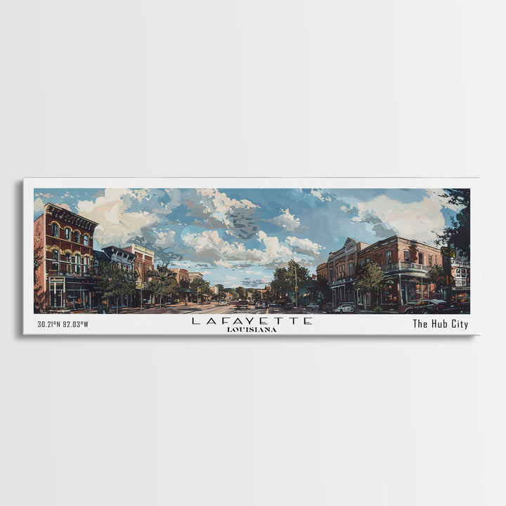 Lafayette Louisiana Panoramic Watercolor Cityscape, Framed Canvas Print for Living Room, Office Wall Art, Urban Decor, Travel Poster