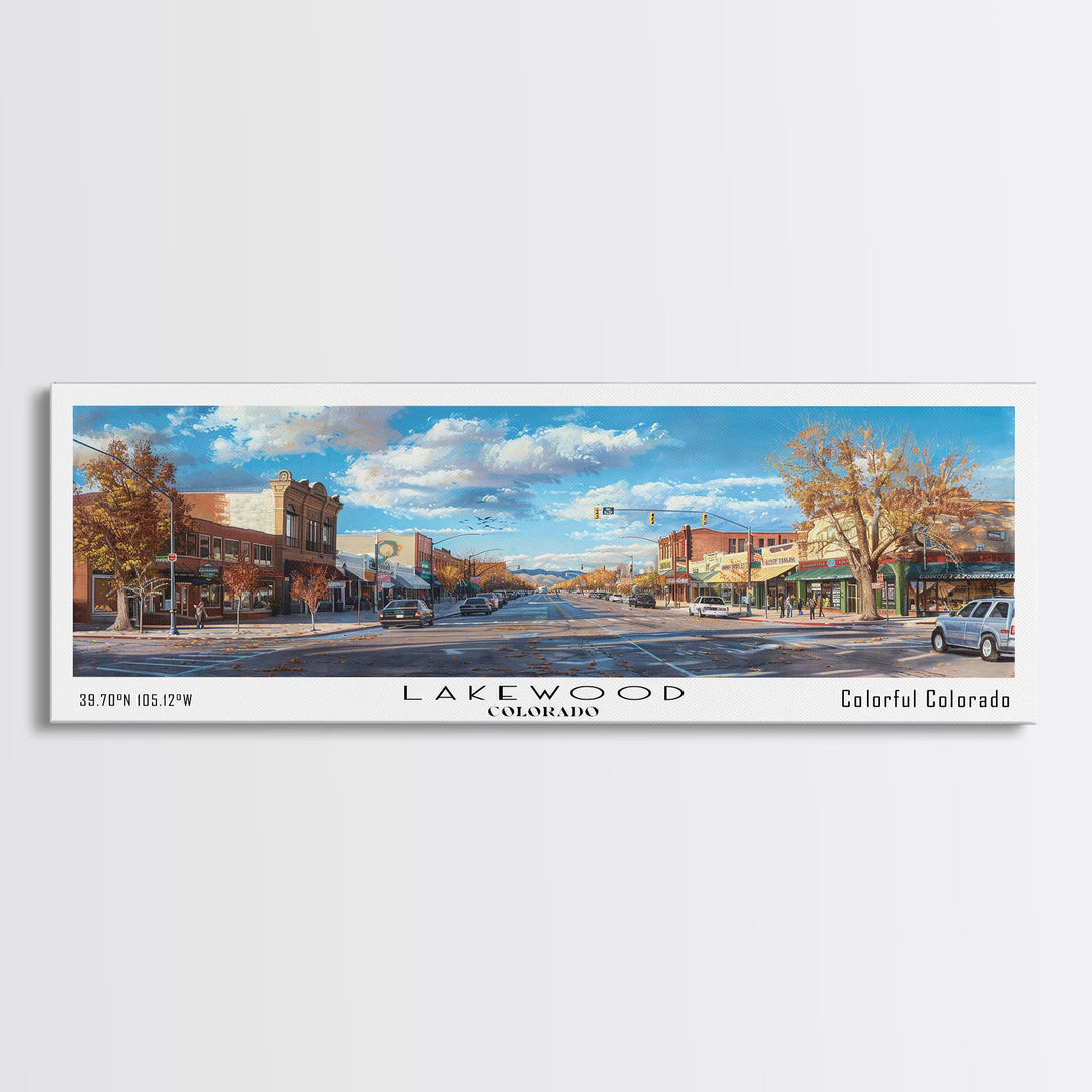 Lakewood Colorado Panoramic Cityscape Wall Art, Watercolor Framed Canvas Print, Urban Painting for Living Room, Office Decor, Travel Poster