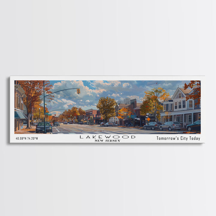 Lakewood New Jersey Panoramic Watercolor Cityscape, Framed Canvas Print for Living Room, Office Wall Art, Urban Decor, Travel Poster
