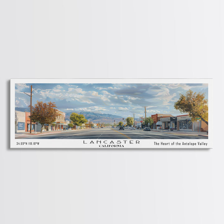 Lancaster California Panoramic Cityscape Painting, Framed Canvas Print, Urban Decor, Office Wall Art, Watercolor Travel Poster, Home Decoration