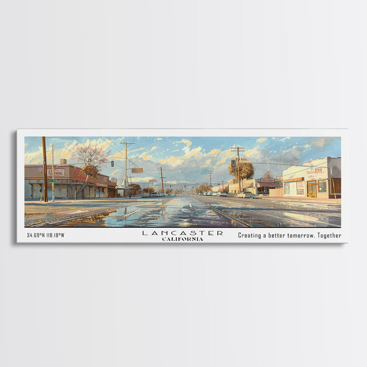 Lancaster California Panoramic Cityscape Wall Art, Watercolor Framed Canvas Print, Urban Painting for Living Room, Office Decor, Travel Poster