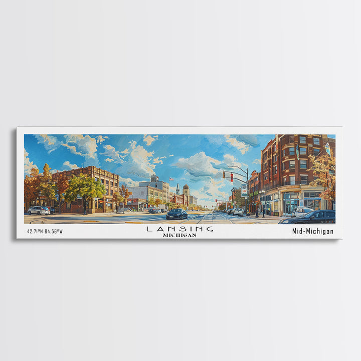 Lansing Michigan Panoramic Cityscape Wall Art, Watercolor Framed Canvas Print, Urban Painting for Living Room, Office Decor, Travel Poster