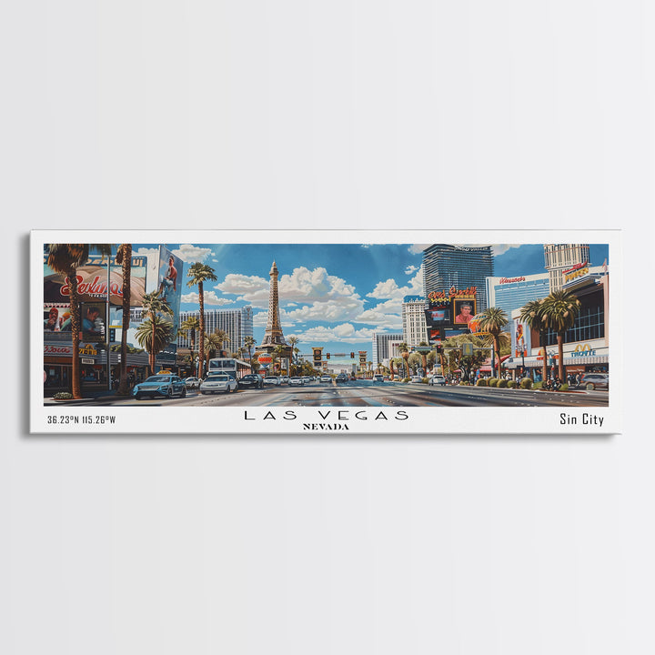 Las Vegas Nevada Panoramic Watercolor Cityscape, Framed Canvas Print for Living Room, Office Wall Art, Urban Decor, Travel Poster