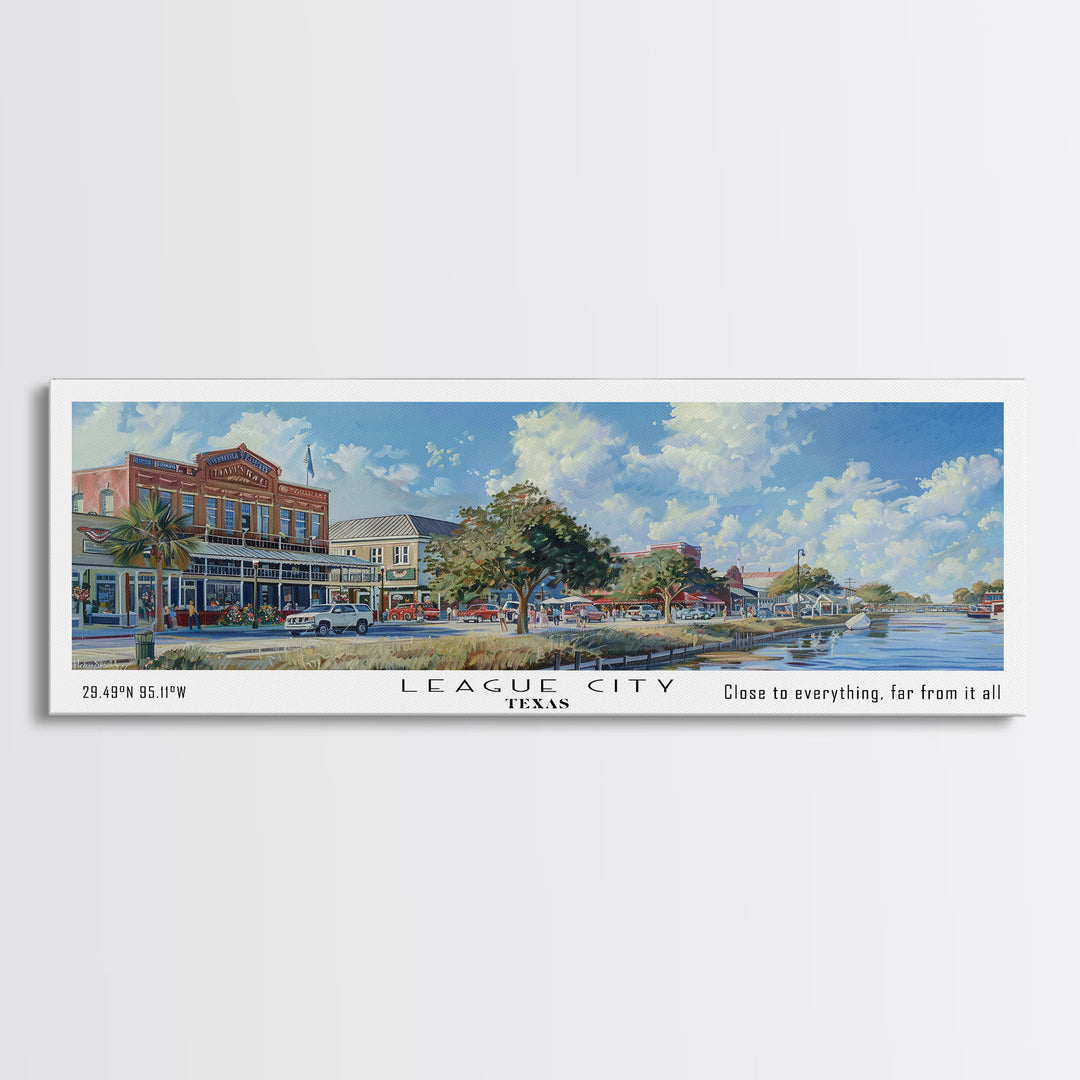 League City Texas Panoramic Watercolor Cityscape, Framed Canvas Print for Living Room, Office Wall Art, Urban Decor, Travel Poster