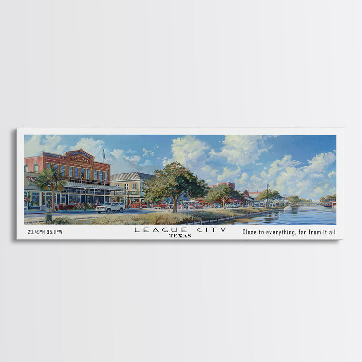 League City Texas Panoramic Watercolor Cityscape, Framed Canvas Print for Living Room, Office Wall Art, Urban Decor, Travel Poster