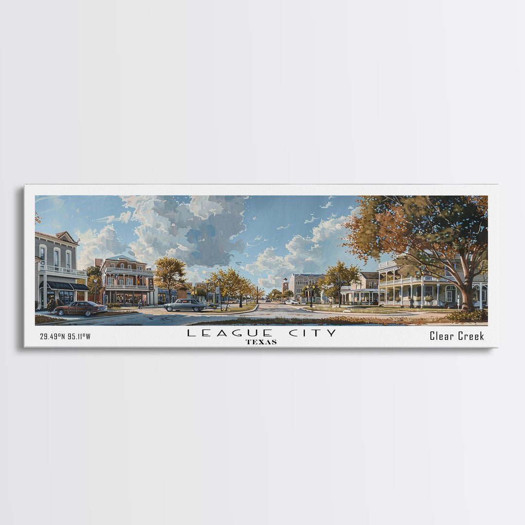 League City Texas Panoramic Cityscape Wall Art, Watercolor Framed Canvas Print, Urban Painting for Living Room, Office Decor, Travel Poster