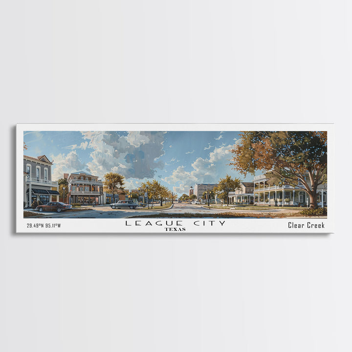 League City Texas Panoramic Cityscape Wall Art, Watercolor Framed Canvas Print, Urban Painting for Living Room, Office Decor, Travel Poster