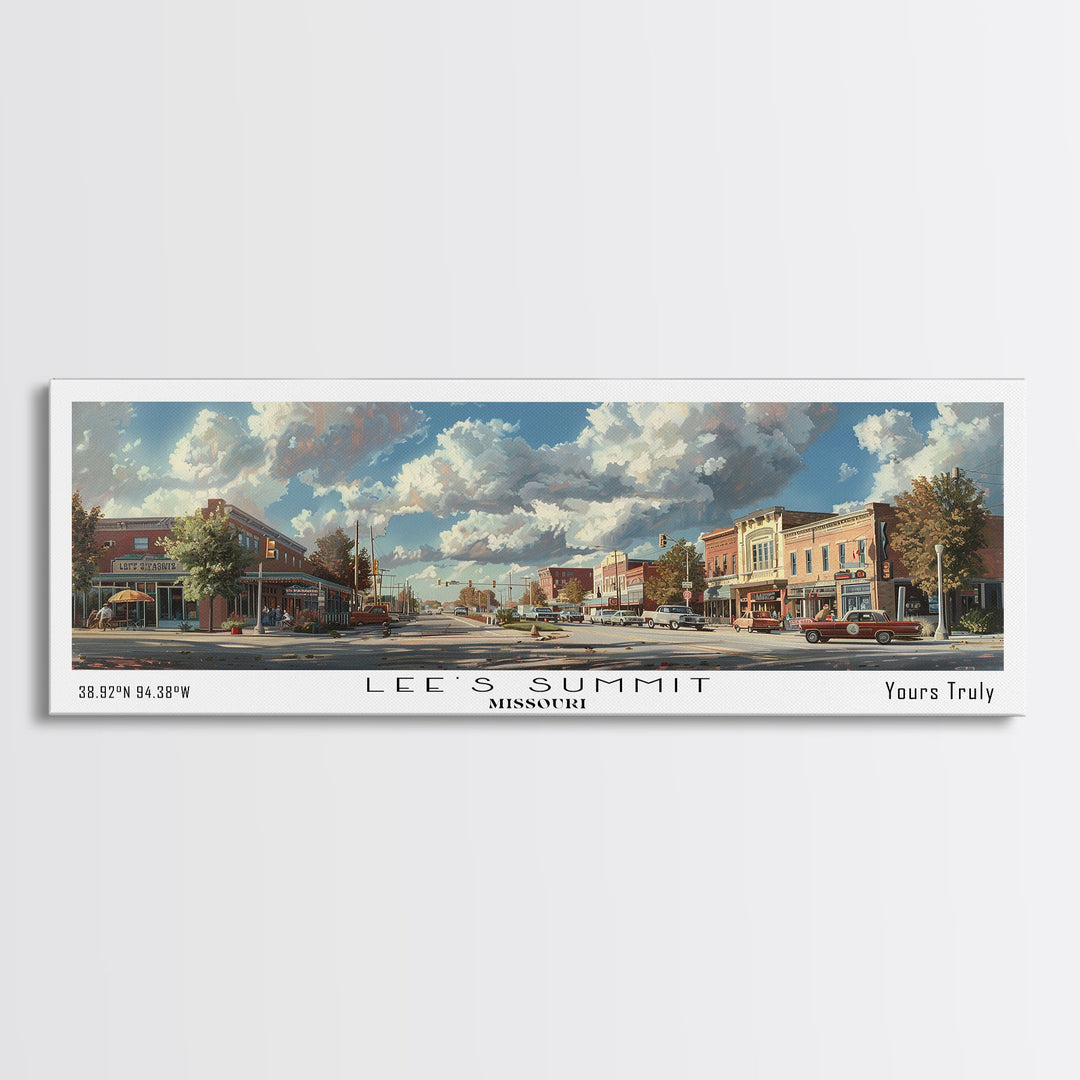 Lees Summit Missouri Panoramic Cityscape Wall Art, Watercolor Framed Canvas Print, Urban Painting for Living Room, Office Decor, Travel Poster