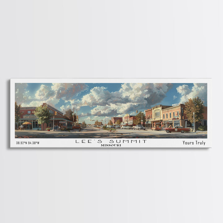 Lees Summit Missouri Panoramic Cityscape Wall Art, Watercolor Framed Canvas Print, Urban Painting for Living Room, Office Decor, Travel Poster