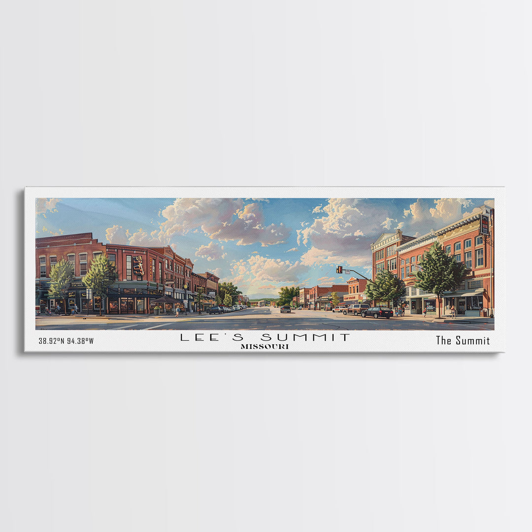 Lees Summit Missouri Panoramic Watercolor Cityscape, Framed Canvas Print for Living Room, Office Wall Art, Urban Decor, Travel Poster