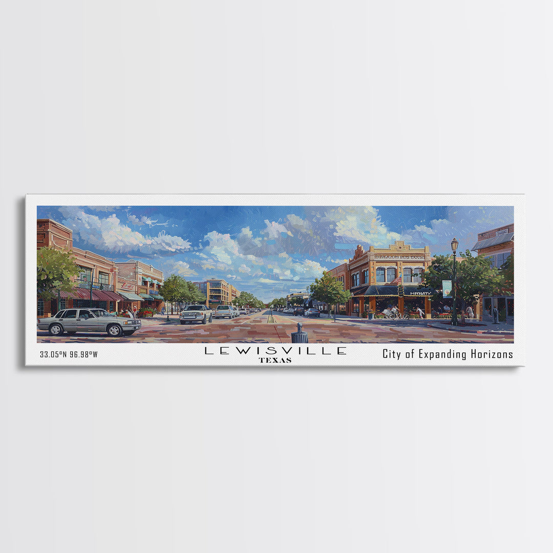Lewisville Texas Panoramic Cityscape Painting, Framed Canvas Print, Urban Decor, Office Wall Art, Watercolor Travel Poster, Home Decoration
