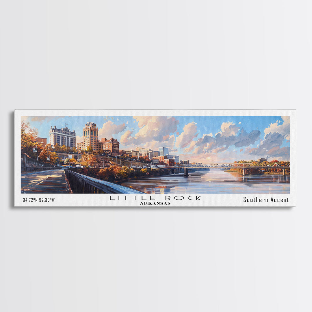 Little Rock Arkansas Panoramic Watercolor Cityscape, Framed Canvas Print for Living Room, Office Wall Art, Urban Decor, Travel Poster