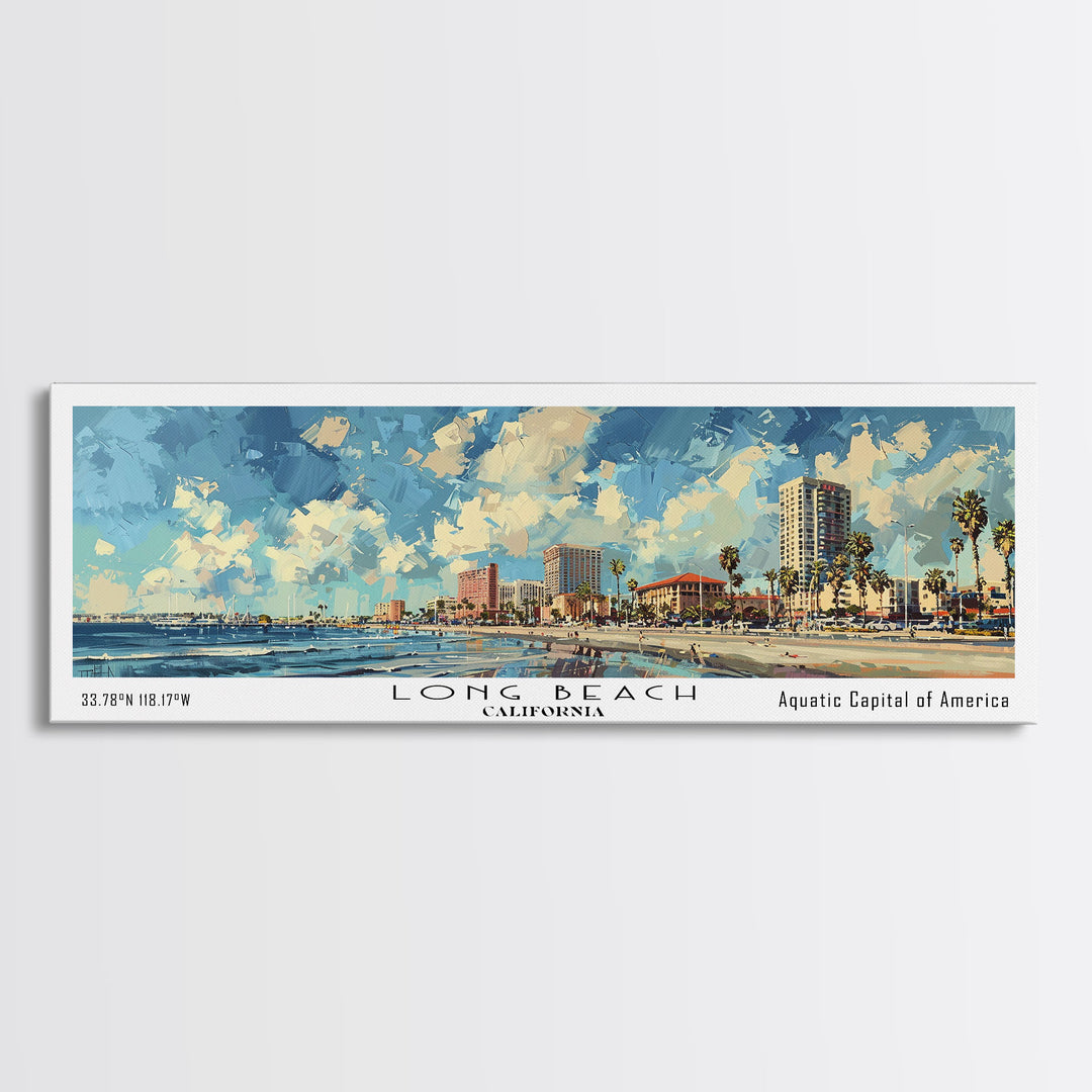 Long Beach California Panoramic Cityscape Painting, Framed Canvas Print, Urban Decor, Office Wall Art, Watercolor Travel Poster, Home Decoration