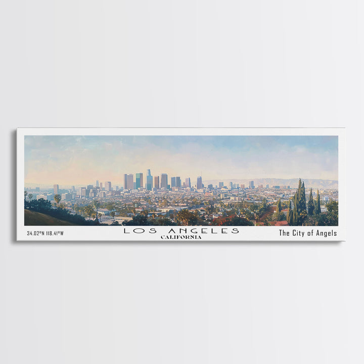 Los Angeles California Panoramic Cityscape Wall Art, Watercolor Framed Canvas Print, Urban Painting for Living Room, Office Decor, Travel Poster