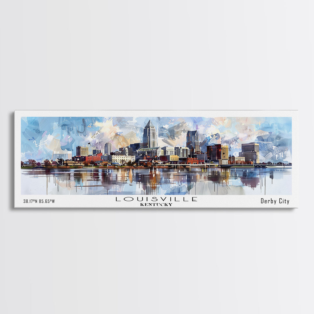 Louisville Kentucky Panoramic Cityscape Wall Art, Watercolor Framed Canvas Print, Urban Painting for Living Room, Office Decor, Travel Poster