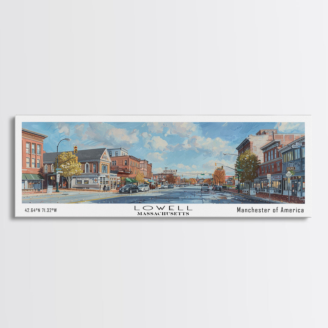 Lowell Massachusetts Panoramic Watercolor Cityscape, Framed Canvas Print for Living Room, Office Wall Art, Urban Decor, Travel Poster
