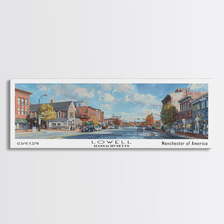 Lowell Massachusetts Panoramic Watercolor Cityscape, Framed Canvas Print for Living Room, Office Wall Art, Urban Decor, Travel Poster