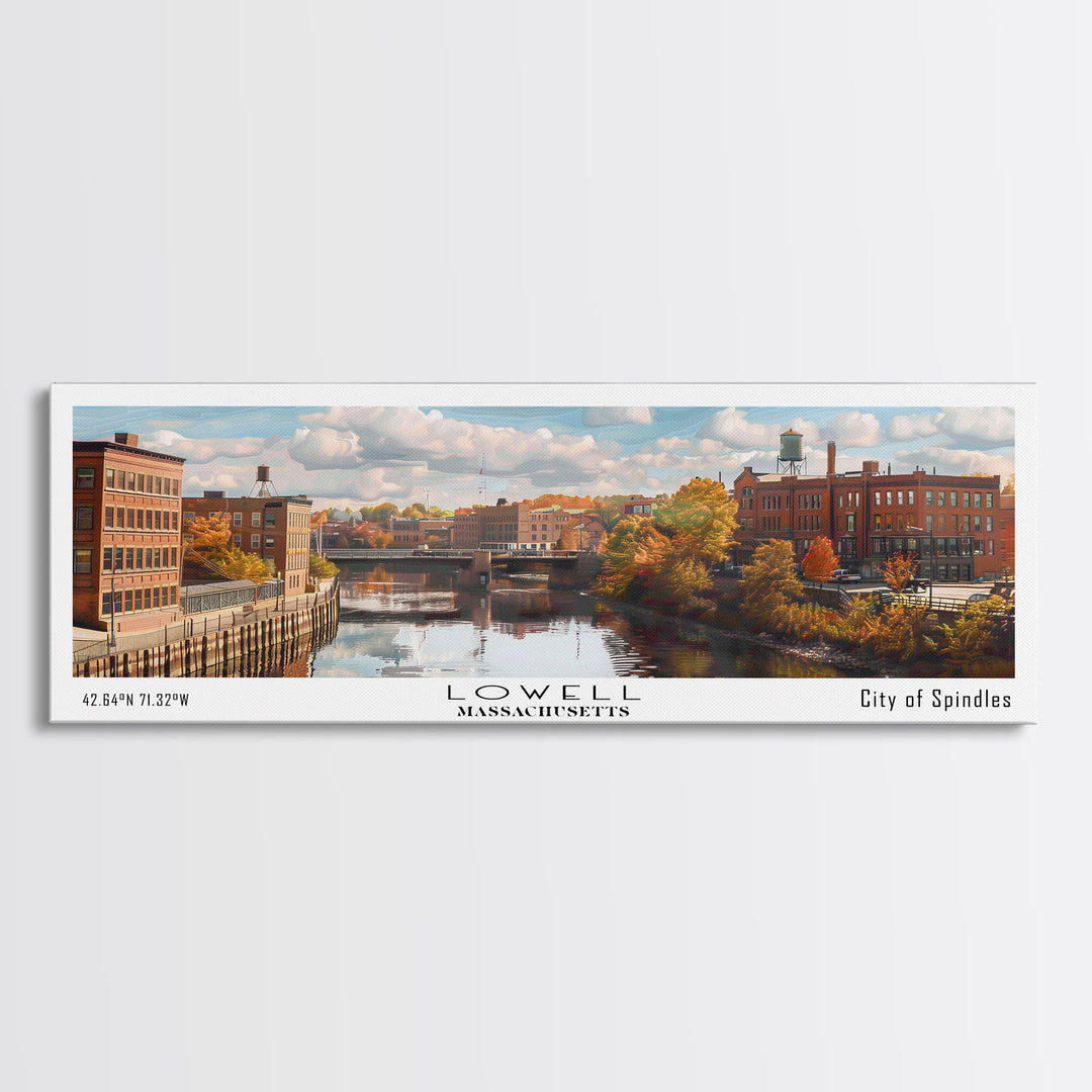 Lowell Massachusetts Panoramic Cityscape Wall Art, Watercolor Framed Canvas Print, Urban Painting for Living Room, Office Decor, Travel Poster
