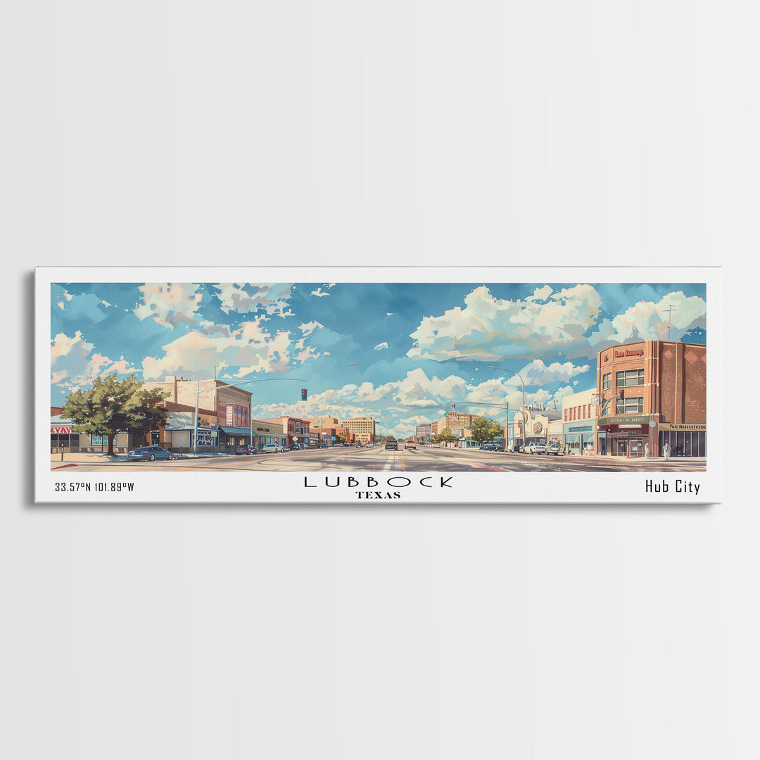 Lubbock Texas Panoramic Cityscape Wall Art, Watercolor Framed Canvas Print, Urban Painting for Living Room, Office Decor, Travel Poster