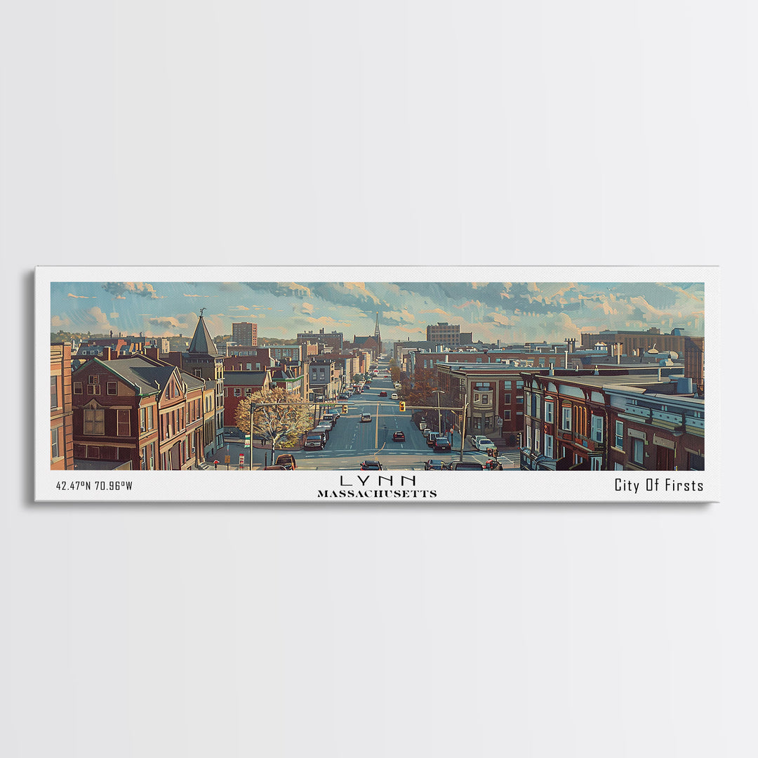 Lynn Massachusetts Panoramic Cityscape Wall Art, Watercolor Framed Canvas Print, Urban Painting for Living Room, Office Decor, Travel Poster