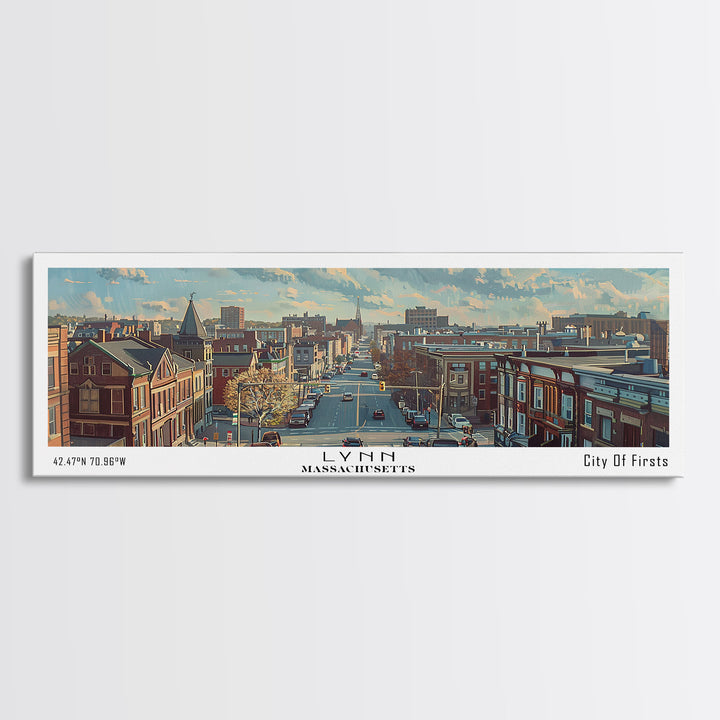 Lynn Massachusetts Panoramic Cityscape Wall Art, Watercolor Framed Canvas Print, Urban Painting for Living Room, Office Decor, Travel Poster