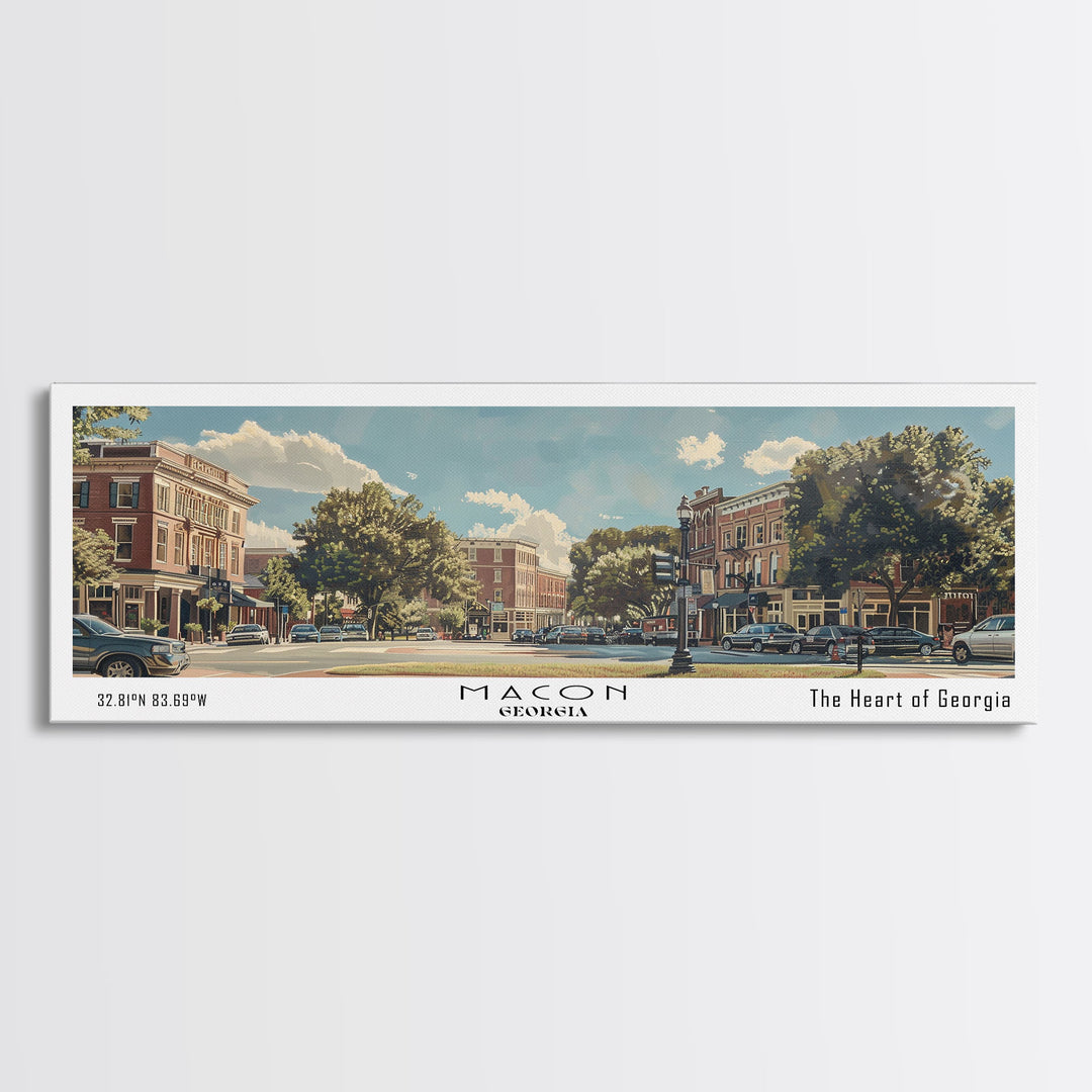 Macon Georgia Panoramic Watercolor Cityscape, Framed Canvas Print for Living Room, Office Wall Art, Urban Decor, Travel Poster