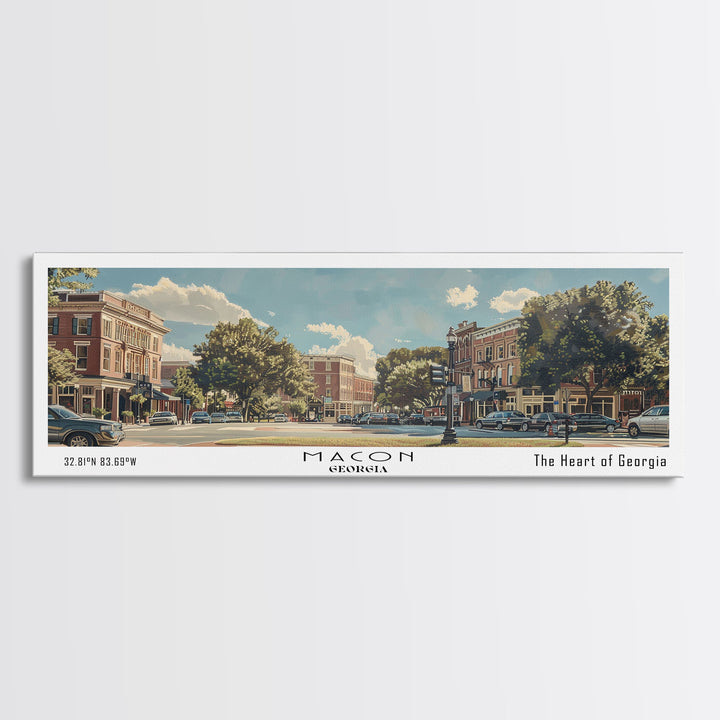 Macon Georgia Panoramic Watercolor Cityscape, Framed Canvas Print for Living Room, Office Wall Art, Urban Decor, Travel Poster