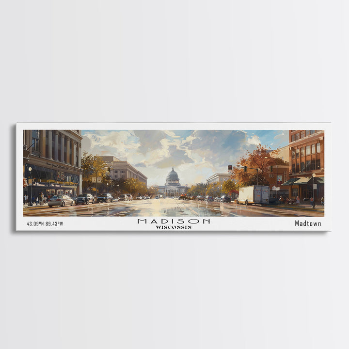 Madison Wisconsin Panoramic Framed Canvas Print, Stunning Watercolor Painting, City Wall Art, Office Decor, Living Room Art, Travel Poster