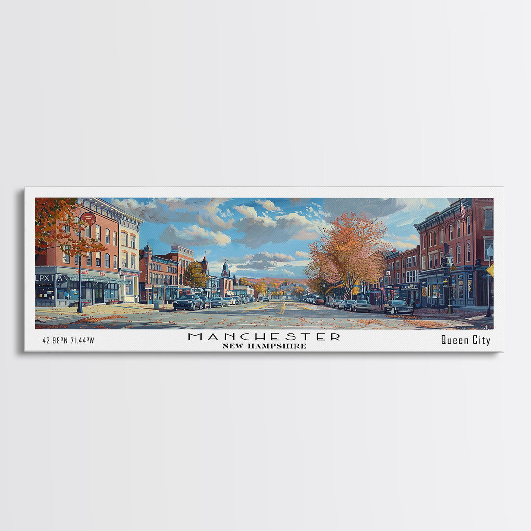 Manchester New Hampshire Panoramic Framed Canvas Print, Beautiful Watercolor Painting, City Wall Art, Office Decor, Living Room Art
