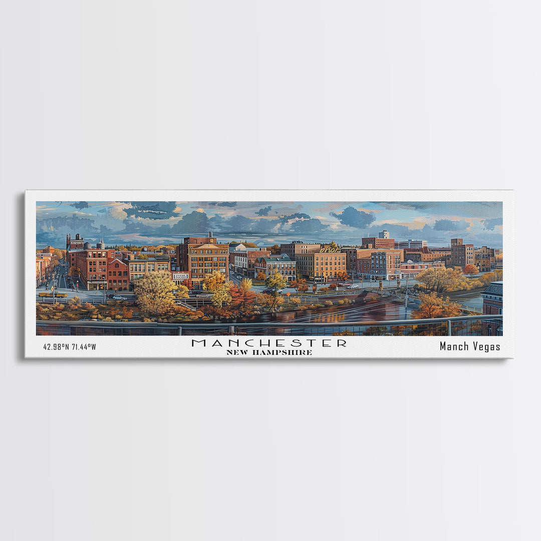 Manchester New Hampshire Panoramic Framed Canvas Print, Stunning Watercolor Painting, City Wall Art, Office Decor, Living Room Art