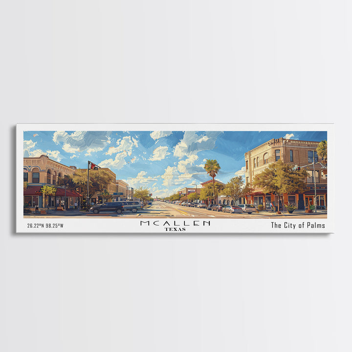 McAllen Texas Panoramic Framed Canvas Print, Watercolor Cityscape, Office Wall Art, Living Room Decor, Travel Poster, City Art, Home Decor