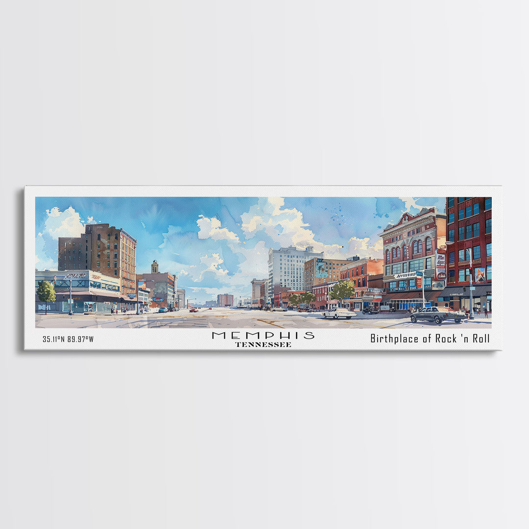 Memphis Tennessee Panoramic Framed Canvas Print, Stunning Watercolor City Art, Office Wall Decor, Travel Poster, Living Room Decor, Home Art