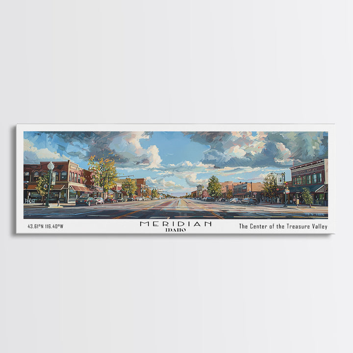 Meridian Idaho Panoramic Framed Canvas Print, Stunning Watercolor Art, Office Wall Decor, Travel Poster, Living Room Decor, City Print