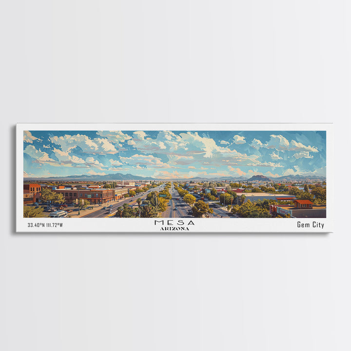 Mesa Arizona Panoramic Framed Canvas Print, Watercolor Cityscape, Perfect Office Wall Art, Travel Poster, Living Room Decor, City Wall Art