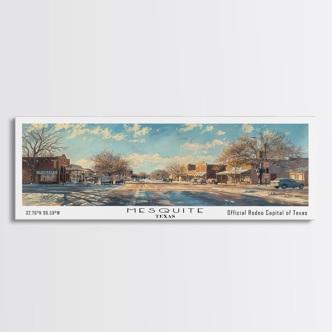 Mesquite Texas Panoramic Framed Canvas Print, Beautiful Watercolor Painting, Office Wall Art, Travel Poster, Living Room Decor, City Art