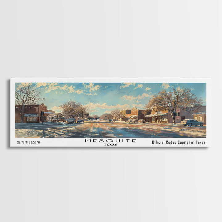 Mesquite Texas Panoramic Framed Canvas Print, Beautiful Watercolor Painting, Office Wall Art, Travel Poster, Living Room Decor, City Art